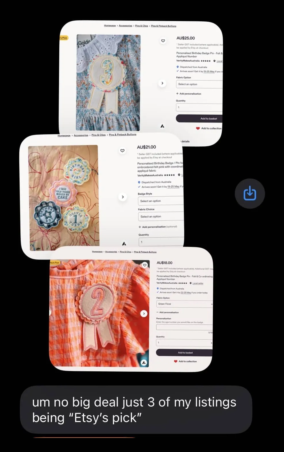 Three of Verity's Etsy listings shown as Etsy's Pick